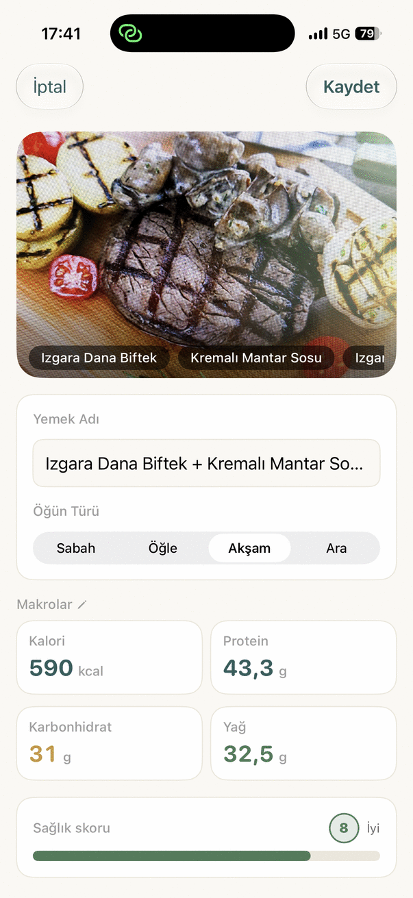 AI yemek analizi